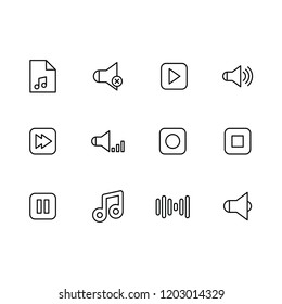 Simple set music buttons for play audio and sound vector line icon. Contains such icons media player, music play, stop, pause, rewind next track, sound track, volume, speaker on and off, note