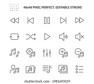 Simple Set of Music Controls Related Vector Line Icons. Contains such Icons as Artist, Songs List, Mute and more. Editable Stroke. 48x48 Pixel Perfect.
