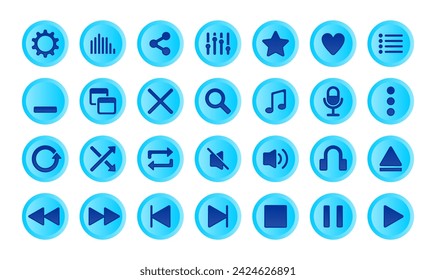 Einfache Gruppe von Musiksteuerungen Verwandte Vektor-Linie-Symbole, Audio-Benutzeroberfläche Flache Symbole, Media-Player-Symbole gesetzt. Sammlung von Multimedia-Symbolen und Audio, Musik Lautsprecher Lautstärke, Schnittstelle, Design Med