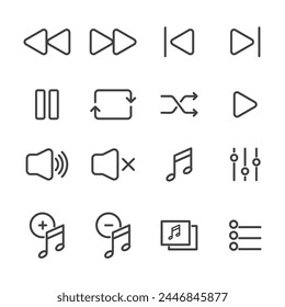 Conjunto simple de controles de música relacionados Iconos de línea de Vector. Contiene iconos como Artista, Lista de canciones, Silencio y más. Trazo editable.
