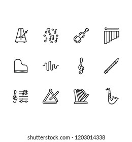 Simple set music instrument and equipment vector line icon. Contains such icons violin, piano, harp, saxophone, flute, metronome, treble clef, sheet music, musical note