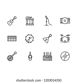 Simple set music instrument and equipment vector line icon. Contains such icons musical stringed instruments guitar and balalaika, drum, microphone, piano, cd disc, dj mixer, player