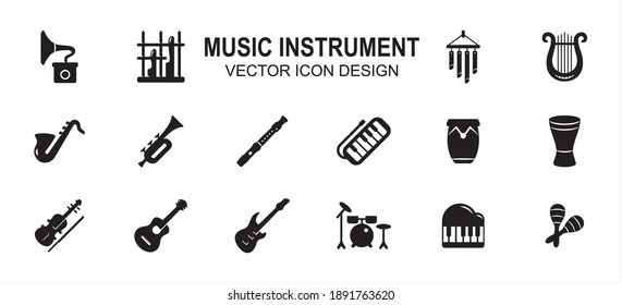 Einfache Set von Musikinstrumenten Verwandte Stil Vector Icon Benutzeroberfläche Grafik-Design. Enthält Symbole wie Anklung, Harfe, Gitarre, Saxophon, Trompete, Pianica, Maracas, Violine, Trommel, Klavier