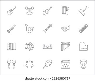 Simple Set of music instrument Related Vector Line Icons. Vector collection of sound, piano, guitar, accordion, oboe, saxophone, drum, marimba, xylophone and design elements symbols