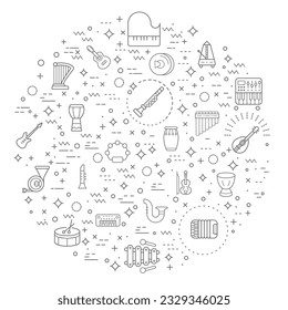 Simple Set of music instrument Related Vector Line Illustration. Contains such Icons as sound, piano, guitar, accordion, oboe, saxophone, drum, marimba, xylophone and Other Elements.