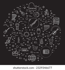 Simple Set of music instrument Related Vector Line Illustration. Contains such Icons as sound, piano, guitar, accordion, oboe, saxophone, drum, marimba, xylophone and Other Elements.