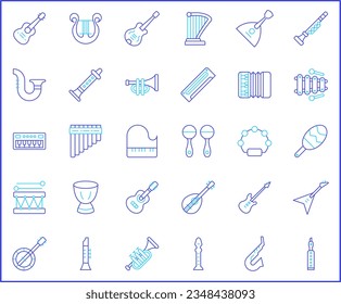 Simple Set of music instrument Related Vector Line Icons. Vector collection of sound, piano, guitar, accordion, oboe, saxophone, drum, marimba, xylophone and design elements symbols