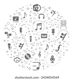Einfache Menge von Musik und Noten Verwandte Vektor-Linie Illustration. Enthält Symbole wie Medien, Sound, Multimedia, Audio, Musik, Wellenform und mehr.