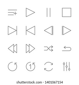 Simple Set of music player interface Related Vector thin Line Icons. Contains such as play, start, pause, stop, next, skip, playback, repeat, shuffle, mixer, playlist, add and more. illustration