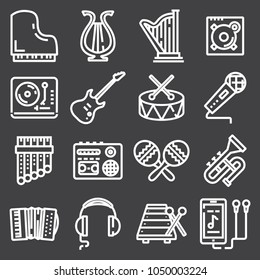 Simple Set of Music Related Vector Line Icons. Contains such Icons as Guitar, Treble Clef, In-ear Headphones, Trumpet and more