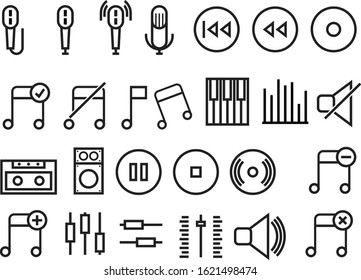 Simple Set of Music Related Vector Line Icons. Contains such Icons as Guitar, Treble Clef, In-ear Headphones, Trumpet and more