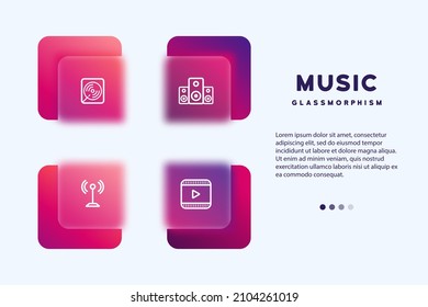 Simple set of music related vector line icons. Music Icons. Music thin line icon. Contains such Icons as Guitar, Treble Clef, In-ear Headphones, Trumpet and more. Glassmorphism style.