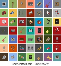 Simple Set of Music Vector flat Icons. Guitar, Treble Clef, In-ear Headphones, Trumpet and more musical equipment & instruments