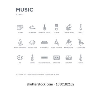 simple set of music vector line icons. contains such icons as guitar, amplifier, cassette, music keyboard, violin, cd, saxophone, metronome, music triangle and more. editable pixel perfect.