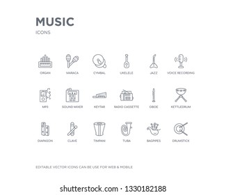 simple set of music vector line icons. contains such icons as drumstick, bagpipes, tuba, timpani, clave, diapason, kettledrum, oboe, radio cassette and more. editable pixel perfect.