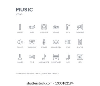 simple set of music vector line icons. contains such icons as horn, lyre, music player, musical note, piano, quaver, shuffle, sitar, sound system and more. editable pixel perfect.