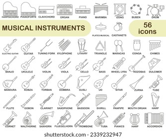 Simple set of musical instruments in thin line design. Images of various musical instruments with titles. EPS 10.