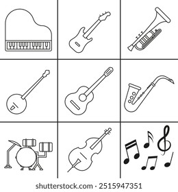 A simple set of musical instruments in a thin line. Image of jazz and blues musical instruments. EPS 10.