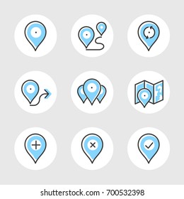 Simple Set of Navigation Pointers Vector Line Icons with light blue color substrate. Contains different states of location sign. Pin, direction, map, travel and other icons in collection.