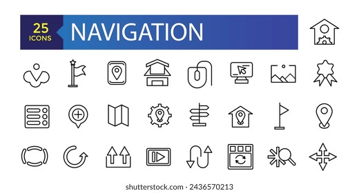 Simple Set of Navigation Related Vector Line Icons. Contains such Icons as Cloakroom, Elevator, Exit, Taxi, flag and more.