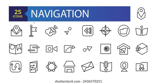 Simple Set of Navigation Related Vector Line Icons. Contains such Icons as Cloakroom, Elevator, Exit, Taxi, flag and more.