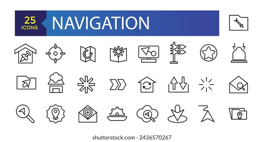 Simple Set of Navigation Related Vector Line Icons. Contains such Icons as Cloakroom, Elevator, Exit, Taxi, flag and more.