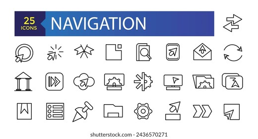 Simple Set of Navigation Related Vector Line Icons. Contains such Icons as Cloakroom, Elevator, Exit, Taxi, flag and more.