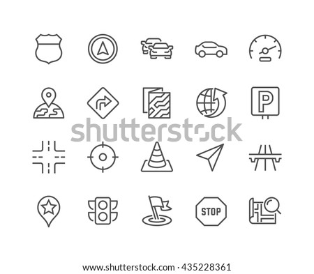 Simple Set of Navigation Related Vector Line Icons. 
Contains such Icons as Map, Pin, Car, Road, Highway and more. 
Editable Stroke. 48x48 Pixel Perfect. 