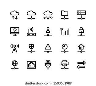 Simple Set of Network Related Vector Line Icons. Contains such Icons as cloud, server, modem, antenna and More. pixel perfect vector icons based on 32px grid. Editable Strokes