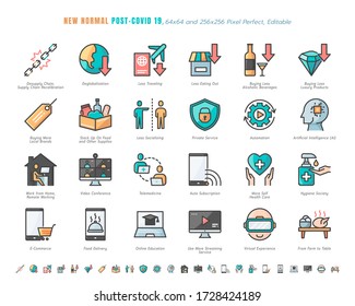 Simple Set of New Normal After Coronavirus 2019 or Covid-19 Ends Related. Such as Streaming, Online Shopping, Supply Recalibration. Filled Outline Icons Vector. 64x64 Pixel Perfect. Editable Stroke.