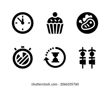 Conjunto simple de iconos sólidos vectoriales relacionados con Año Nuevo. Contiene íconos como Medianoche, tarta, filete y más.