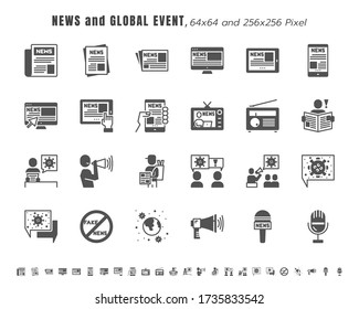 Simple Set de Noticias y Evento Global de Coronavirus, Covid-19 Relacionado en Diferente Plataforma. Tableta, teléfono, burbuja de voz. Vector De Iconos De Glifo Sólido. 64x64 Pixel.