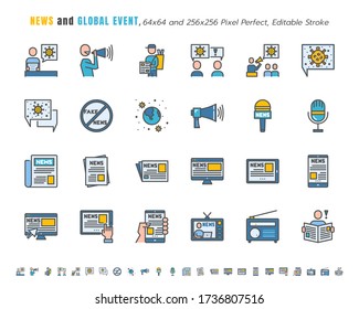 Simple Set of News and Global Event of Coronavirus, Covid-19 Related in Different Platform. Such as Tablet, Phone, Speech Bubble. Filled Outline Icons Vector. 64x64 Pixel Perfect. Editable Stroke.