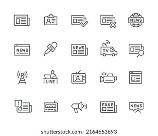 Simple Set of News Icons. Such as Newspaper, Journalist, Live Broadcast, Camera, Fake News, Microphone and others