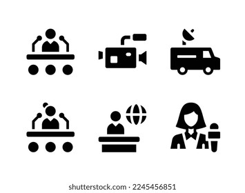 Simple Set of News Journal Related Vector Solid Icons. Contains Icons as Press Conference, Video Camera, Media Van and more.