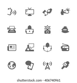 Conjunto simples de ícones vetoriais relacionados com notícias. Contém ícones como repórter, agente, entrevista, rádio, voz, jornal de notícias e muito mais.