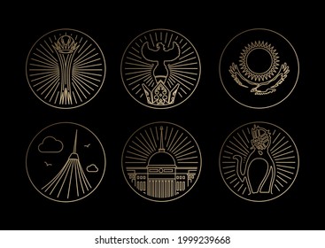Simple set of Nur-Sultan vector line icons. Contains such icons as Baiterek, sun, eagle, camel