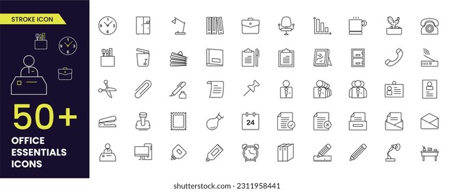 Conjunto simple de iconos de vectores relacionados con Office Essentials Contiene iconos como Business Meeting, Workplace, Office Building, silla, archivos, reloj, trabajo y más. Colecciones editables de iconos de Stroke.