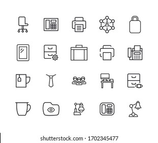 Einfache Set von Bürosymbolen im trendigen Linienstil. Moderne Vektorillustration-Symbole einzeln auf weißem Hintergrund. Lineare Piktogrammpackung. Kollektion von Line-Icons für Web-Apps und mobiles Konzept.