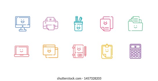 A Simple Set Of Office Kawaii Vector Line Icons. Contains Such Icons As A Cute Calculator, Clipboard, Desktop, 
Folder, Laptop, Notes, Paper, Pencil Case, Printer, Window