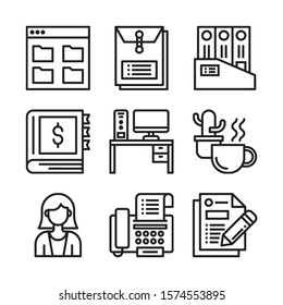 Simple Set of Office Related Vector Line Icons. Contains such Icons as Business Meeting, Workplace, Office Building, Reception Desk and more.