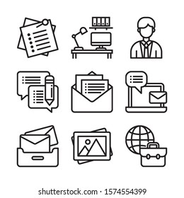 Simple Set of Office Related Vector Line Icons. Contains such Icons as Business Meeting, Workplace, Office Building, Reception Desk and more.