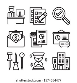 Simple Set of Office Related Vector Line Icons. Contains such Icons as Business Meeting, Workplace, Office Building, Reception Desk and more.