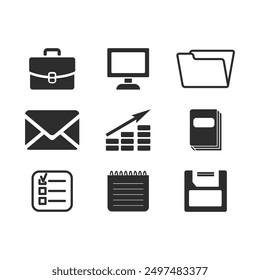 Simple Set of Office Related Vector Icons, Editable icons, Computer, mail, file, growth, office bag.