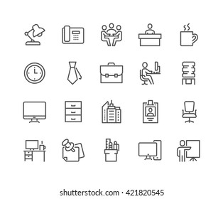 Simple Set of Office Related Vector Line Icons. 
Contains such Icons as Business Meeting, Workplace, Office Building, Reception Desk and more. 
Editable Stroke. 48x48 Pixel Perfect.  - Shutterstock ID 421820545