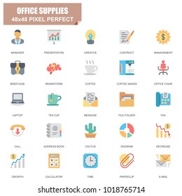 Simple Set of Office Supplies Related Vector Flat Icons. Contains such Icons as Manager, Briefcase, Brainstorm, Diagram, Chair, Laptop, Address Book and more. Editable Stroke. 48x48 Pixel Perfect.