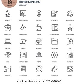 Simple Set of Office Supplies Related Vector Line Icons. Contains such Icons as Manager, Briefcase, Brainstorm, Diagram, Chair, Laptop, Address Book and more. Editable Stroke. 48x48 Pixel Perfect.