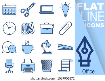 Simple Set of Office vector flat line blue Icons - calendar, scissors, notebook, bulb, clock, folders, suitcase, buckle, communication, mug, lamp, stapler, chairs, printer, waste bin, paper