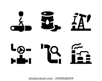 Conjunto simple de iconos sólidos de Vector relacionados con petróleo y gas. Contiene iconos como tubería, barril de petróleo y más.