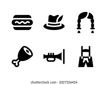 Simple Set of Oktoberfest Related Vector Solid Icons. Contains Icons as Hot Dog, Cold Ham Leg, Trumpet, Pants and more.